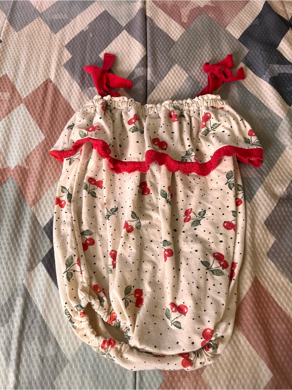 Jessica Simpson Cream Cherry Print Romper with Red Trim